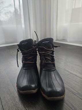 Sperry Black Duck Boots with Brown Trim